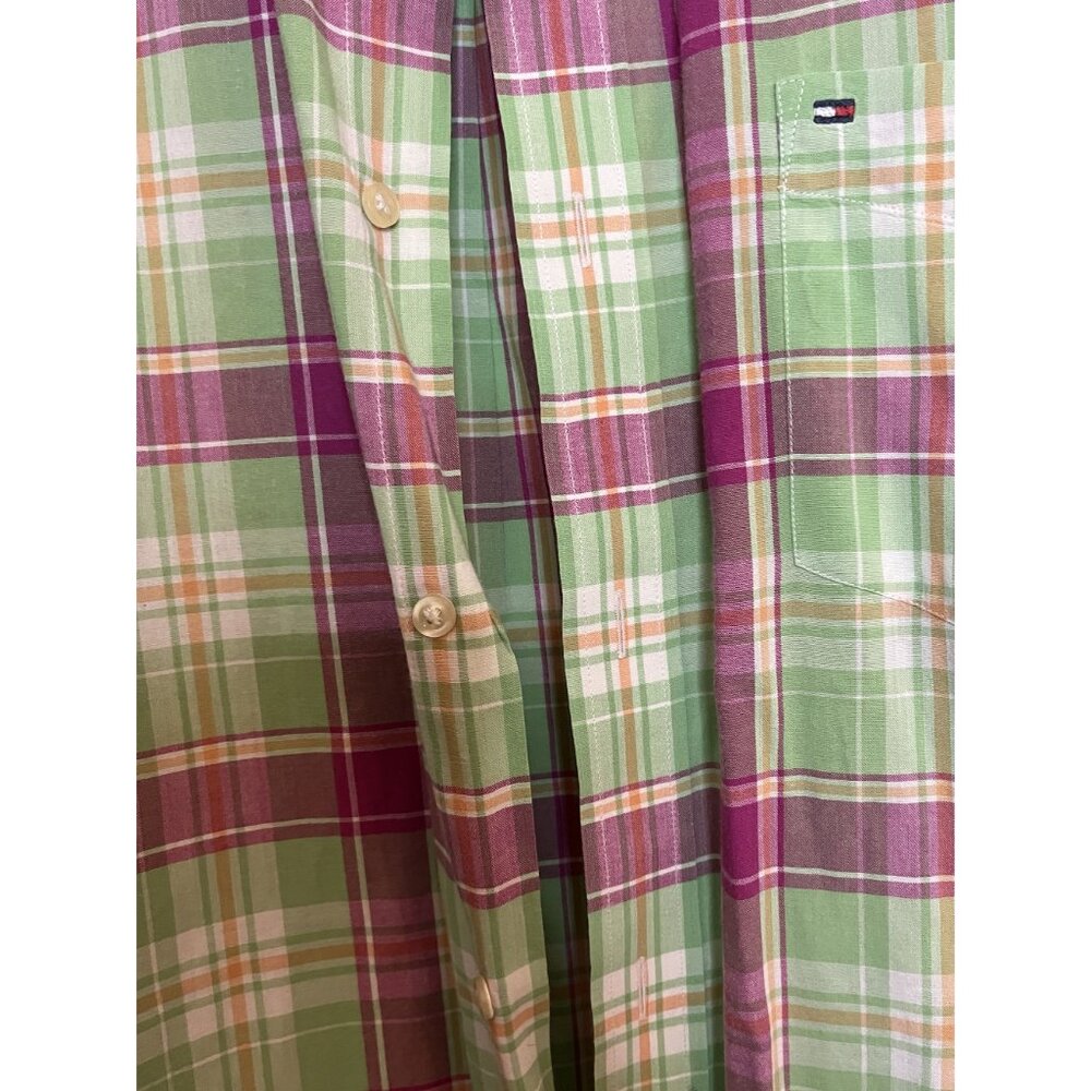 Tommy Hilfiger Mens Plaid Short Sleeve Button-Up Shirt XL Green & Purple Cotton - Picture 2 of 9